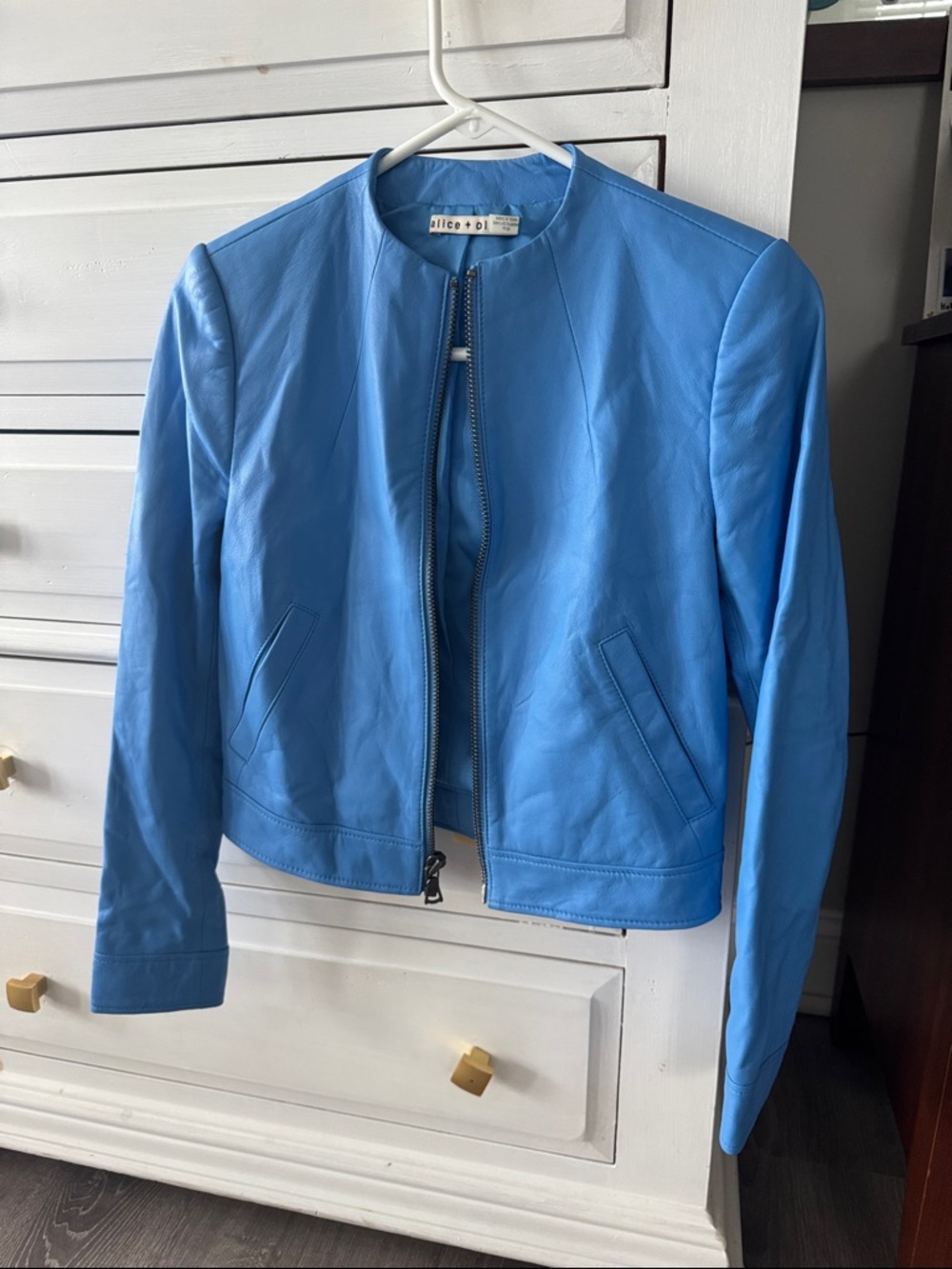 Alice + Olivia Bright Blue Collarless Leather Zip Jacket